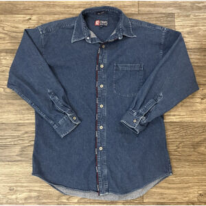 Men's Vintage Chaps Ralph Lauren Denim Blue Jean Button Up Tape Spellout Shirt L